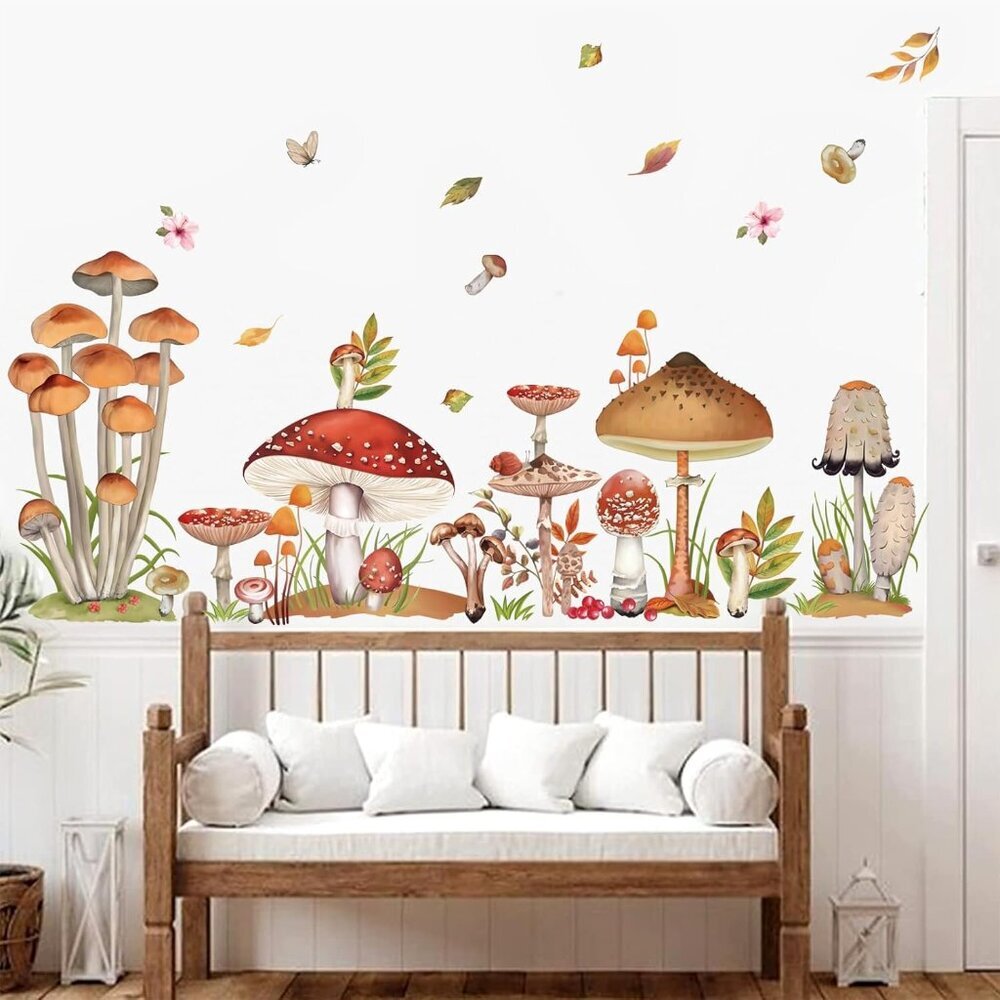 Woodland Mushroom Wall Decals Spring Forest Grass Easter Wall Stickers Girls Bed